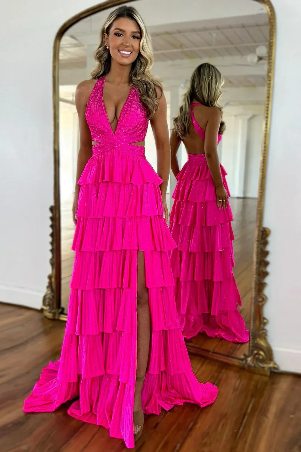 Glamorous Red Sparkly Beaded Halter Prom Dress with Layered Ruffles