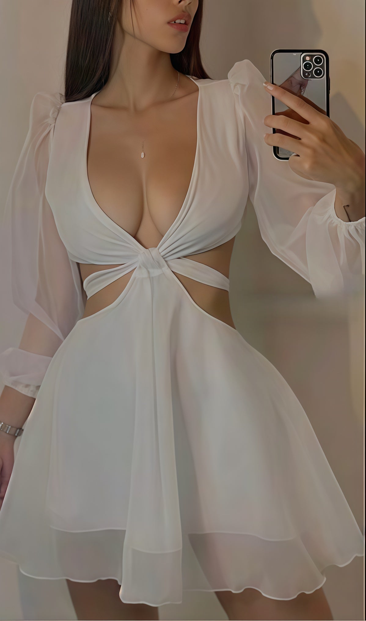 White Chiffon Homecoming Dresses Long Sleeves Short Party Dress,AST1910