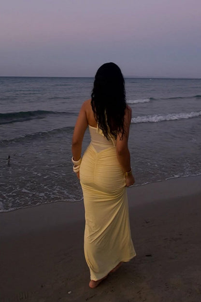 Sexy Yellow Halter Long Mermaid Prom Dress with Ruched Waist Detail