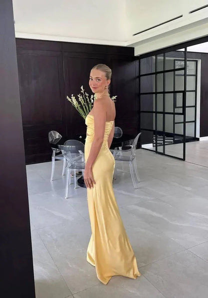 Sexy Yellow Mermaid Sleeveless Long Prom Dress, AST898
