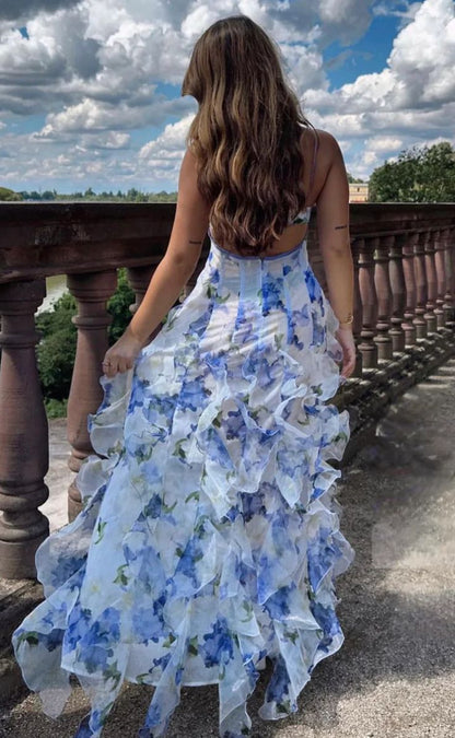 Sexy&Classic Floral Ruffle Prom Dress Long Evening Gown