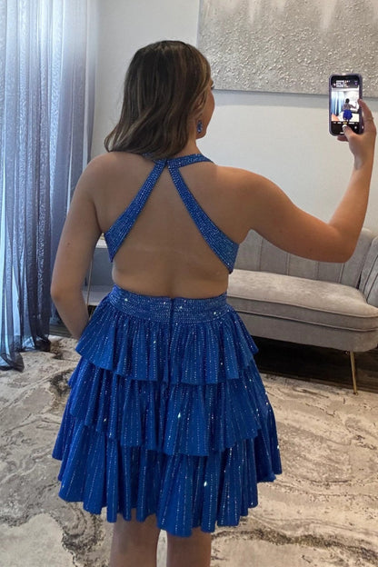 Sexy Deep V-Neck A-Line Cross Back Short Beaded Tiered Homecoming Dress