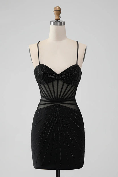 omberprom Sheath Spaghetti Straps Homecoming Dress Beaded Graduation Dress with Lace-Up Back