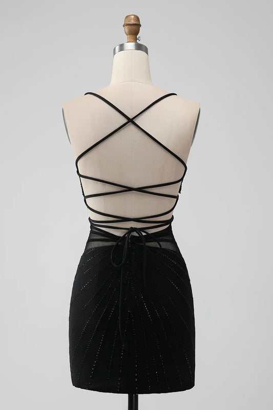 omberprom Sheath Spaghetti Straps Homecoming Dress Beaded Graduation Dress with Lace-Up Back