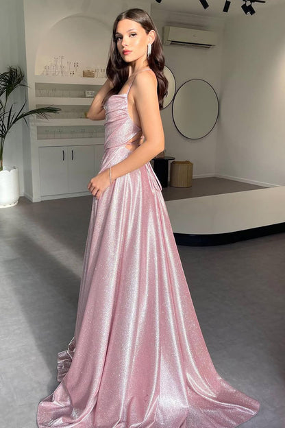 Shimmering Silver Cowl Neck A-Line Prom Dress with Spaghetti Straps and High Leg Slit