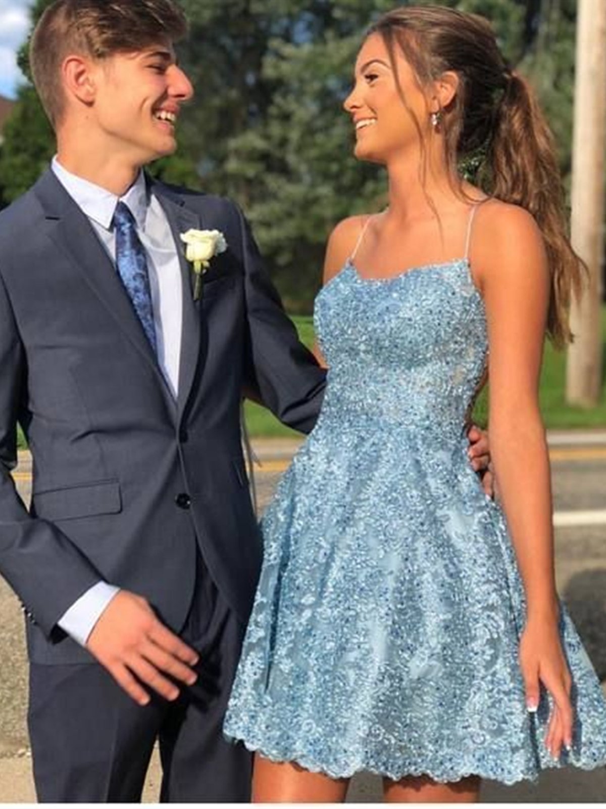 Short Backless Blue Lace Open Back Short Blue Lace Homecoming Dresses