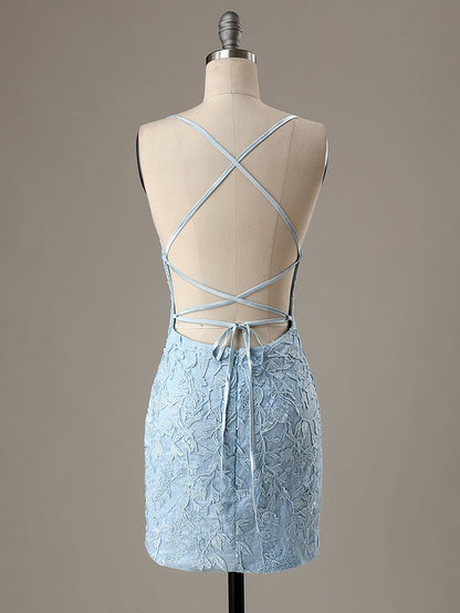 Short Light Blue Backless Lace Prom Dresses, Open Back Light Blue Lace Graduation Homecoming Dresses