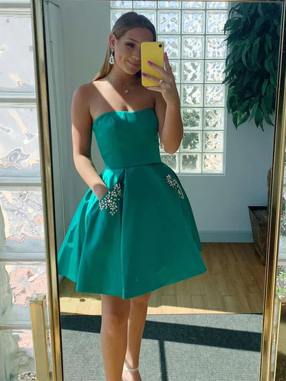 Fashion Green Pockets Design Prom Dress Short Strapless Homecoming Dress TP3566