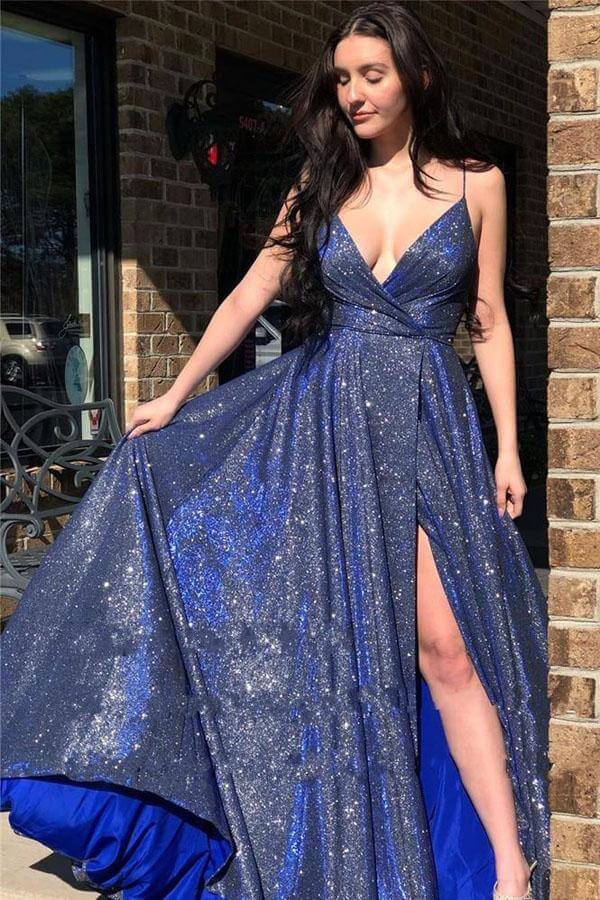 Sparkly A-line Spaghetti Straps Prom Dresses, Evening Dresses With Slit