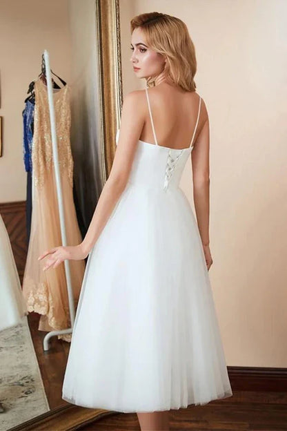 omberprom Elegant A-Line Spaghetti Straps Satin Tulle Tea-Length Wedding Dresses