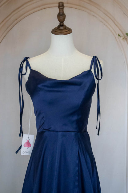 Simple A Line Spaghetti Straps Navy Blue Long Prom Dress with Split Front