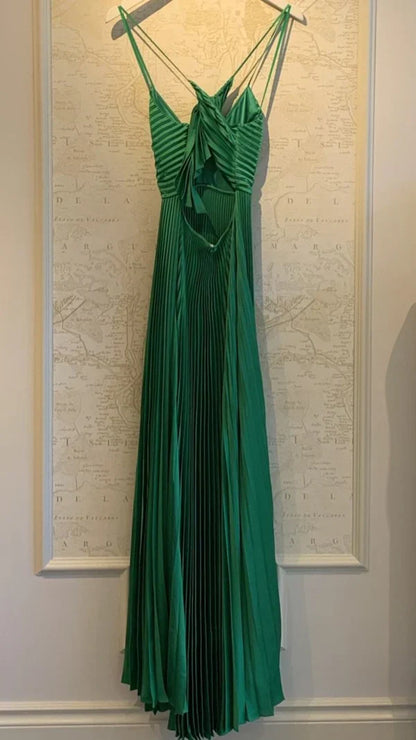Green Pleated A-Line Prom Dress - V-Neck Satin Evening Party Gown