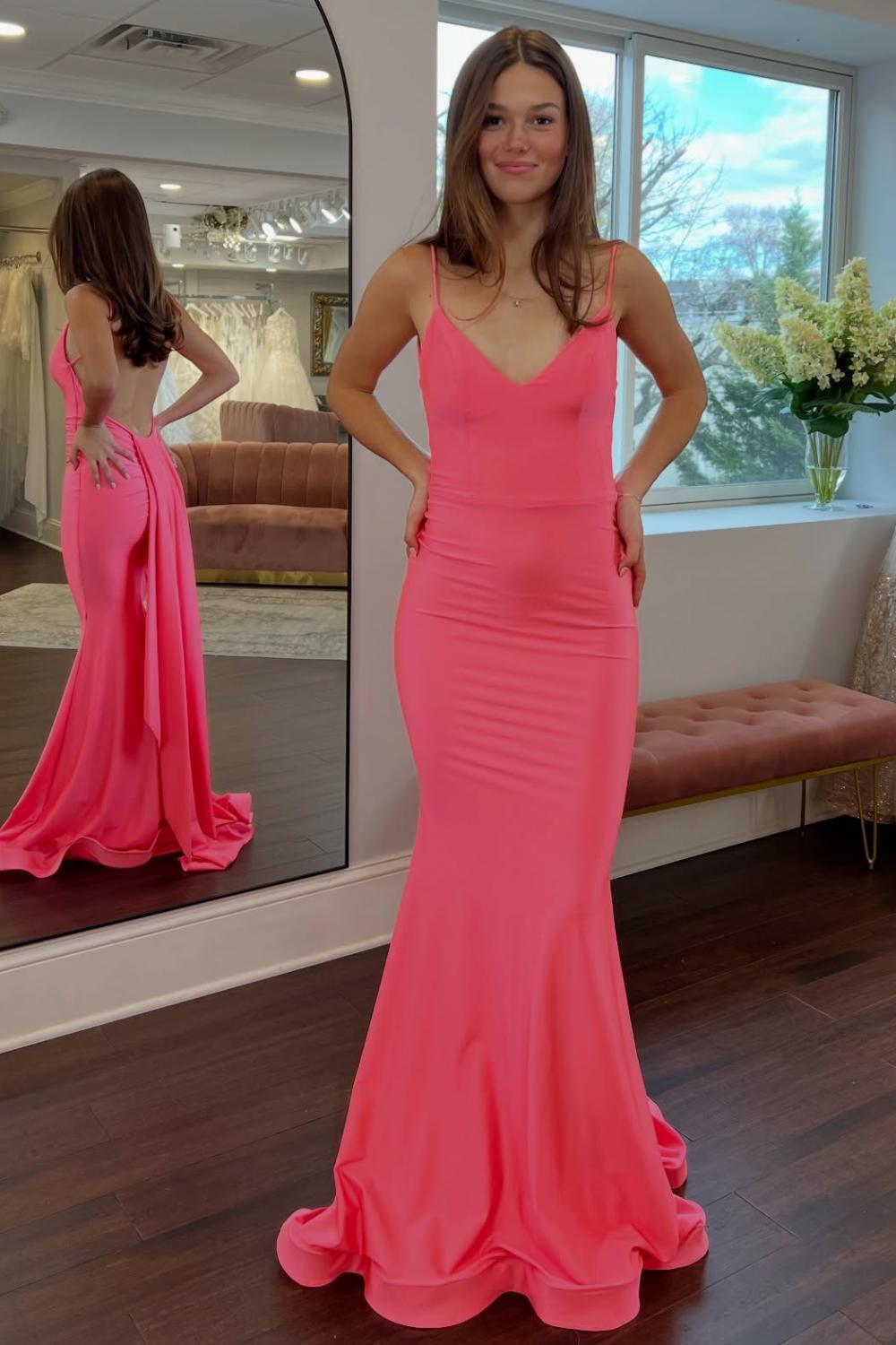 Simple Mermaid Spaghetti Straps Candy Pink Long Prom Dress with Train