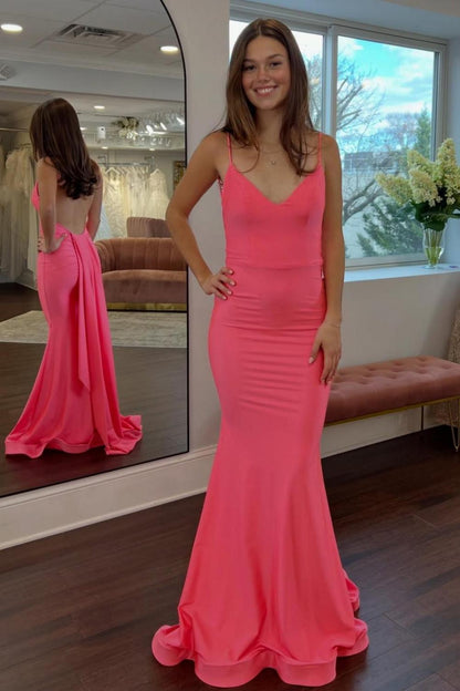 Simple Mermaid Spaghetti Straps Candy Pink Long Prom Dress with Train