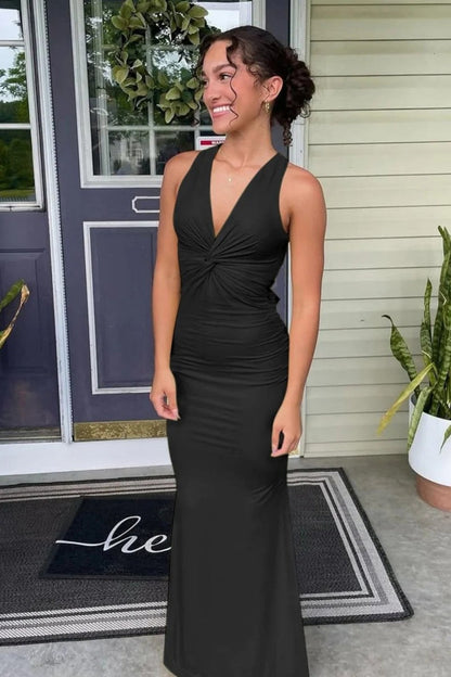 Simple Mermaid V Neck Yellow Long Prom Dress with Open Back