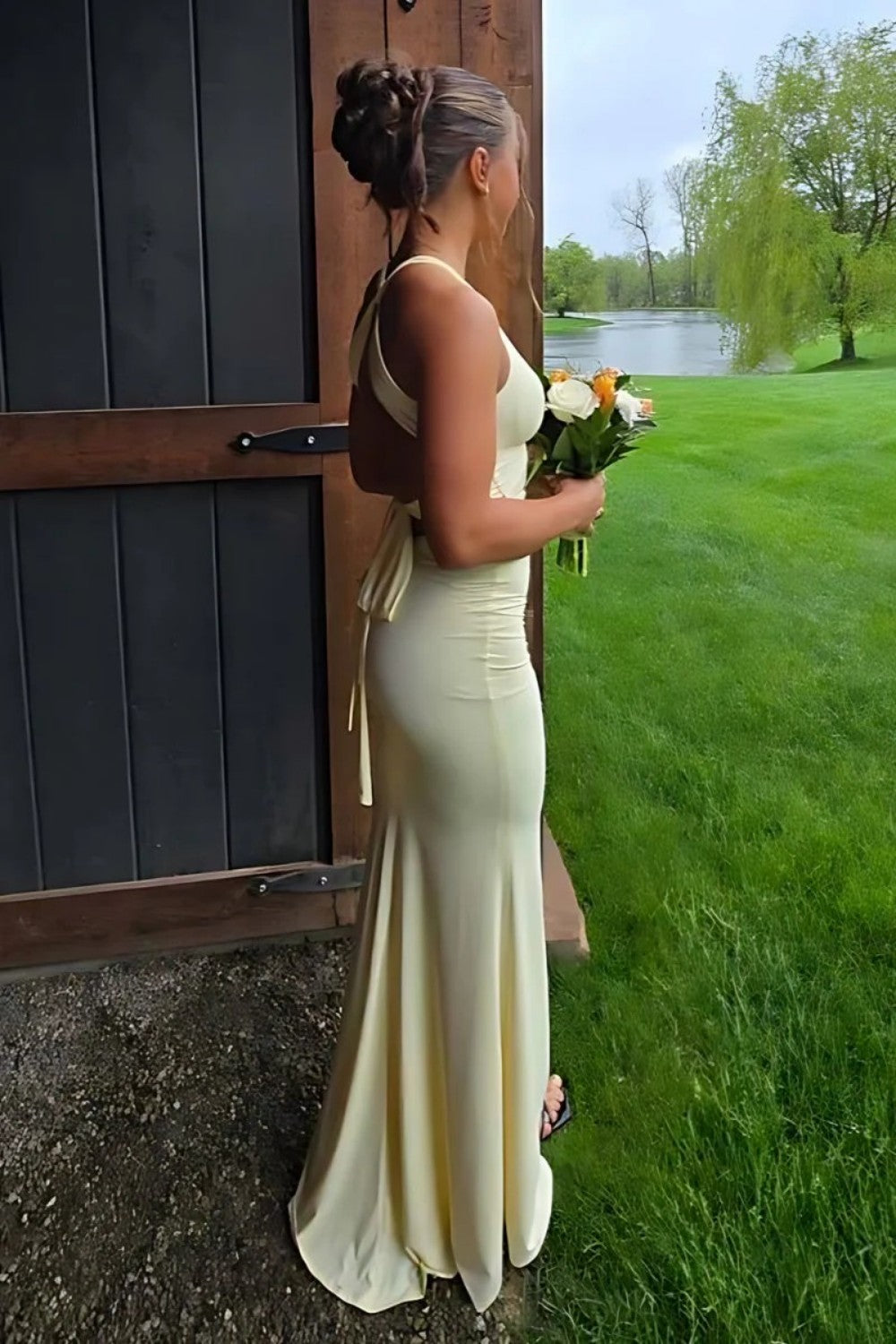 Simple Mermaid V Neck Yellow Long Prom Dress with Open Back