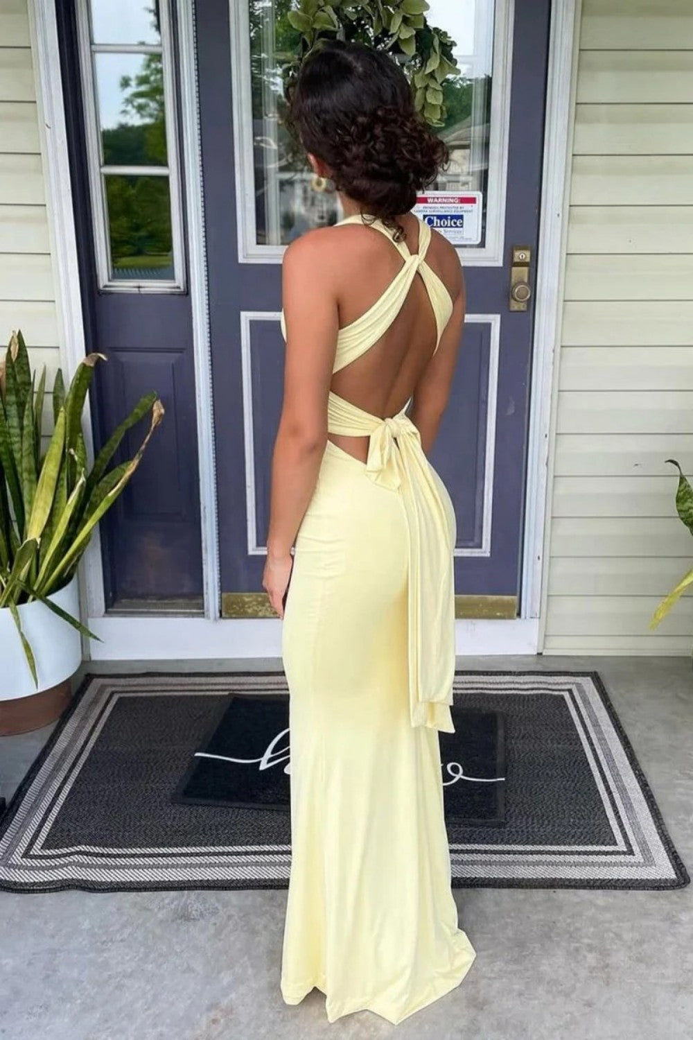 Simple Mermaid V Neck Yellow Long Prom Dress with Open Back