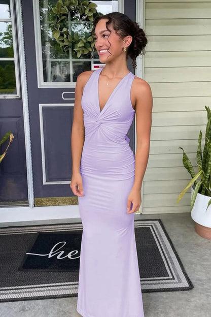 Simple Mermaid V Neck Yellow Long Prom Dress with Open Back