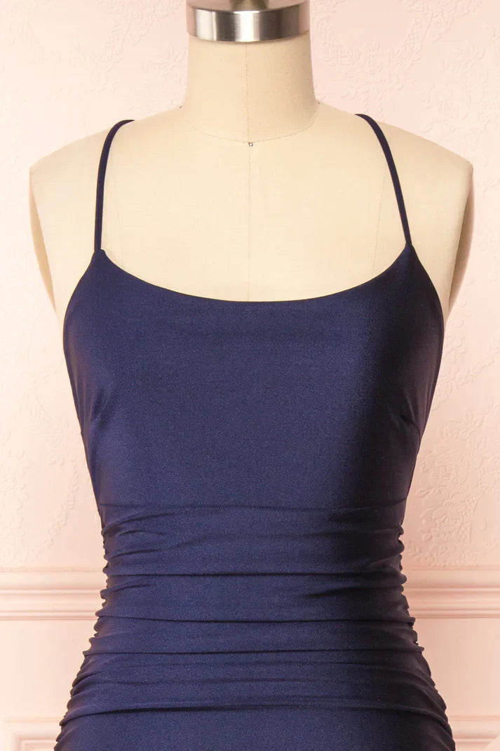 Simple Navy Blue Mermaid Prom Dress Long Satin Evening Gown, AST917
