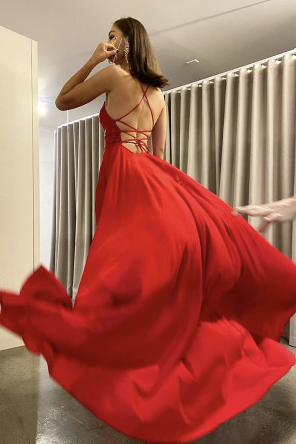 Best Red Chiffon A-line Spaghetti Straps Long Prom Dresses With Side Split,formal dress outfits
