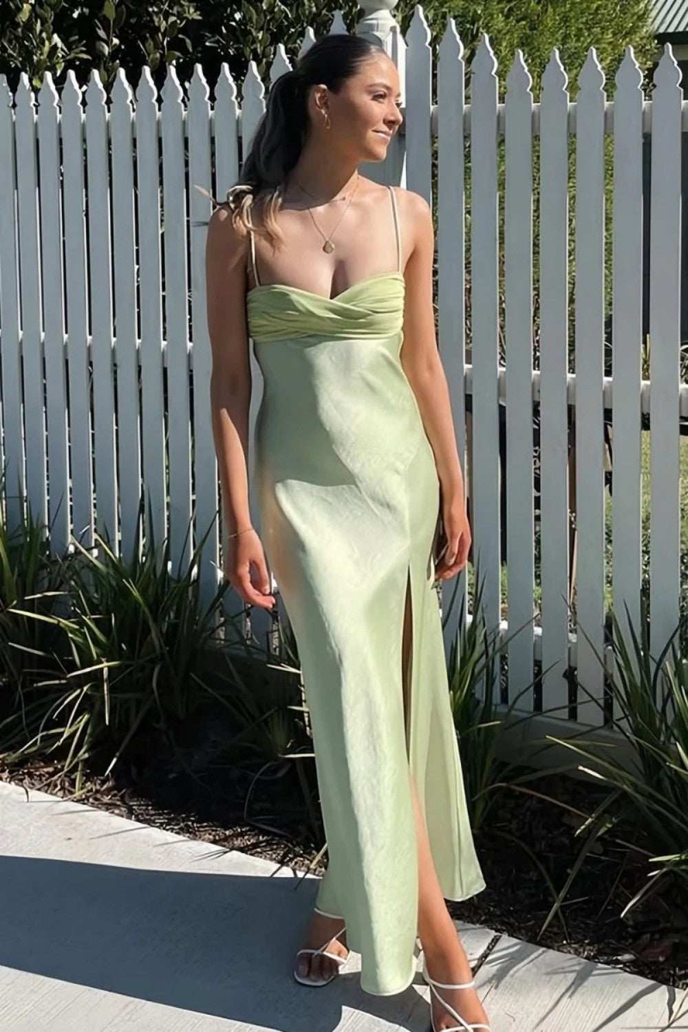 Simple Sheath Spaghetti Straps Mint Green Long Prom Dress with Split Front