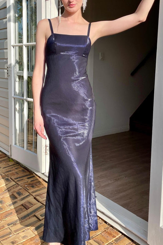 Simple Sheath Spaghetti Straps Navy Long Party Dress