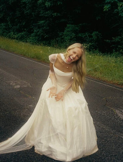 Simple White A-line Chiffon Wedding Dresses Pleated Cap Sleeves Bridal Gown,AST2172