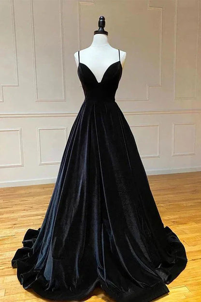 omberprom Simple Black Velvet Long Prom Dress Fashion Black Evening Dress