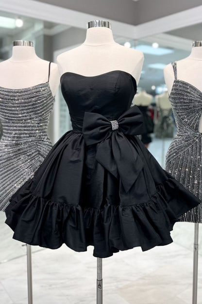Simple Pink A-Line Strapless Homecoming Dress with Satin Fabric and Bowknot Detail
