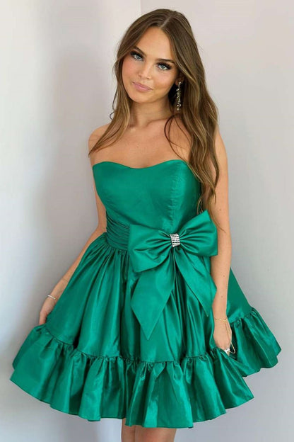Simple Pink A-Line Strapless Homecoming Dress with Satin Fabric and Bowknot Detail
