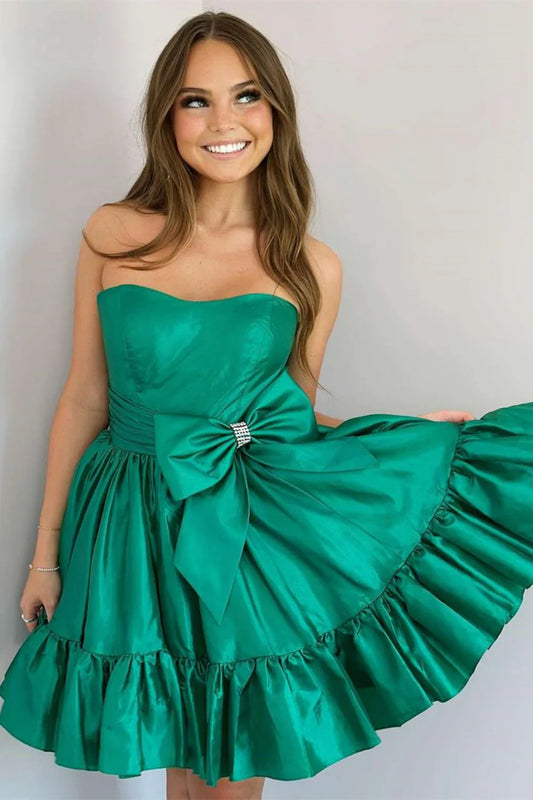 omberprom Green Homecoming Dress A-Line Strapless Short Satin With Bowknot Simple
