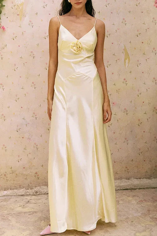 Simple Sheath Spaghetti Straps Dusty Blue Long Prom Dress with 3D Flowers