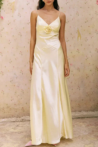 Simple Sheath Spaghetti Straps Dusty Blue Long Prom Dress with 3D Flowers