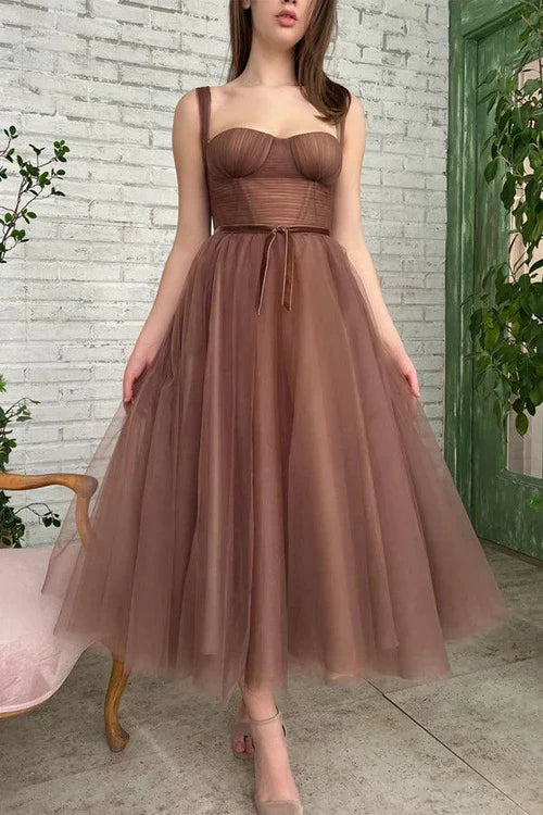 omberprom Elegant Simple A-line Tea Length Tulle Short Prom Dress Homecoming Dress