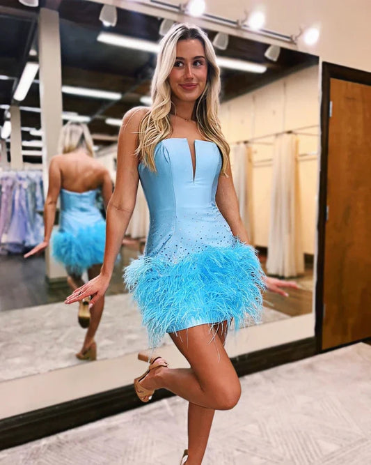 Fashion Sky Blue Beaded Feather Design Bodycon Strapless Homecoming Dress TP3547