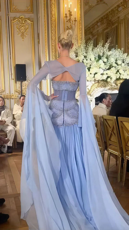 Sky Blue Chiffon Pearl Beaded Prom Dresses Sheath Evening Party Dress,AST2229