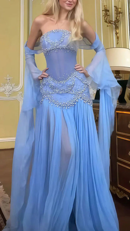 Sky Blue Chiffon Pearl Beaded Prom Dresses Sheath Evening Party Dress,AST2229