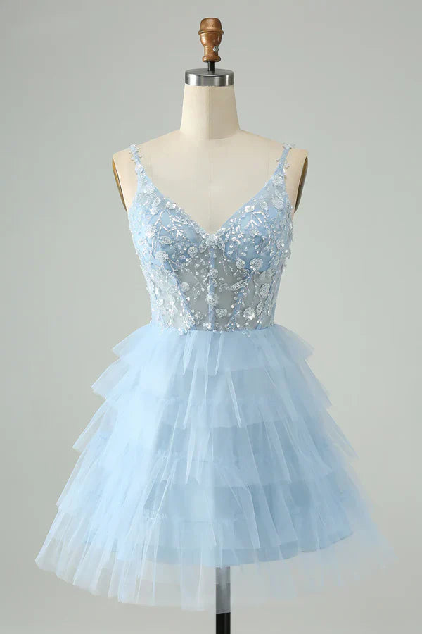 Vintage Light Blue Beaded Design Spaghetti Strap Short Homecoming Dresses  TP3516
