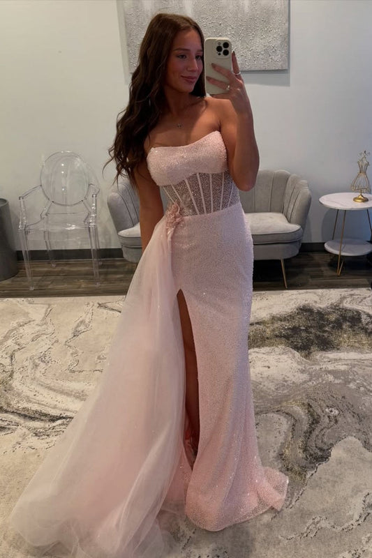 Soft Pink Sparkly Strapless Corset Mermaid Prom Dress with Side Tulle Train