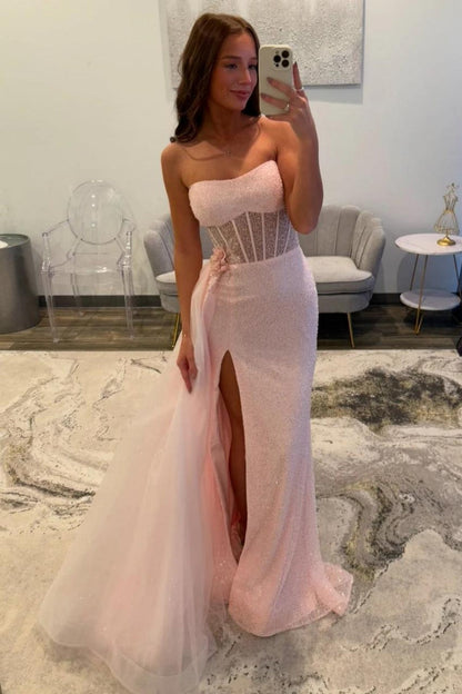Soft Pink Sparkly Strapless Corset Mermaid Prom Dress with Side Tulle Train
