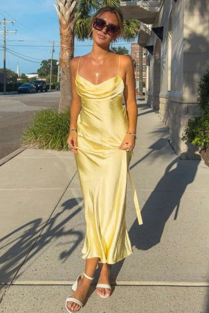 Soft Yellow Satin Tea Length Prom Dress with Draped Cowl Neck