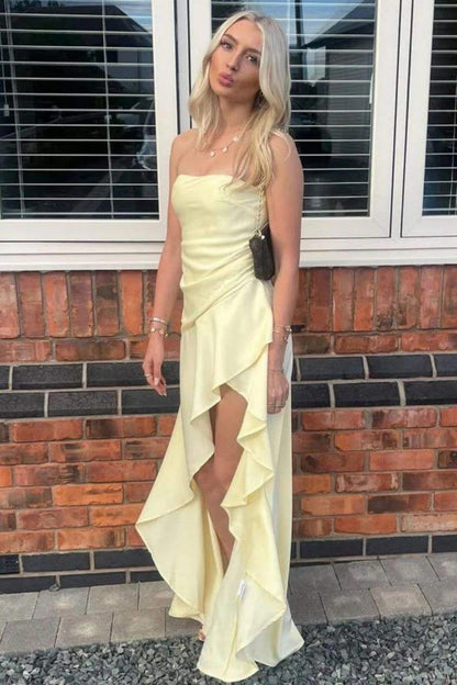 Soft Yellow Strapless Long Prom Dress with High Low Ruffle Skirt