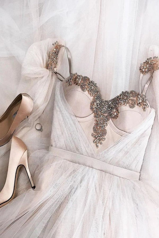 Spaghetti Straps A-Line Wedding Dresses Applique Beaded Wedding Gown