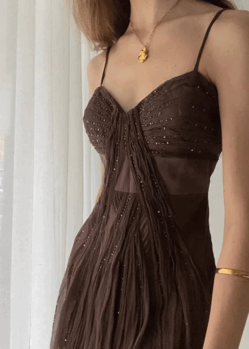 Spaghetti Straps Beaded Chiffon Long Prom Dress, AST903