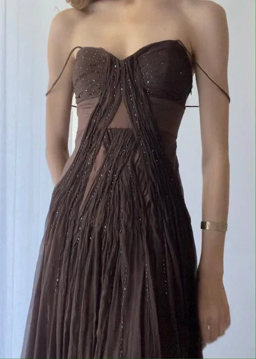 Spaghetti Straps Beaded Chiffon Long Prom Dress, AST903