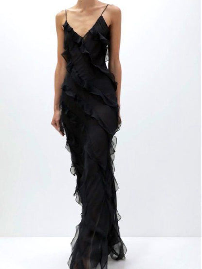 Spaghetti Straps Black Chiffon Layers Prom Dress, AST906