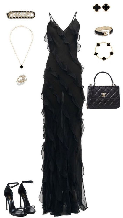 Spaghetti Straps Black Chiffon Layers Prom Dress, AST906