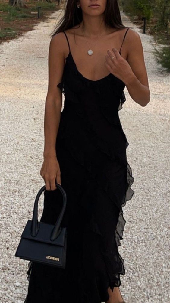 Spaghetti Straps Black Chiffon Layers Prom Dress, AST906