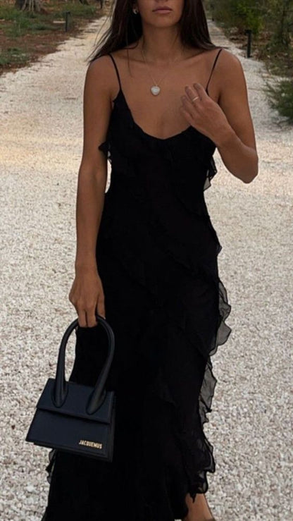 Spaghetti Straps Black Chiffon Layers Prom Dress, AST906