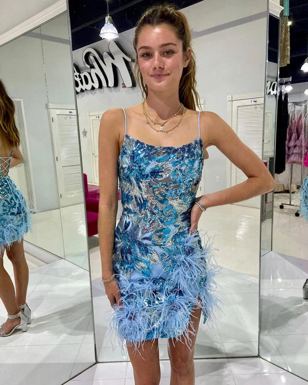 Fashion Blue Sequined Design Elegant Feather Bodycon Spaghetti Strap Homecoming Dress TP3554